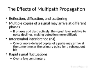 The Effects of Multipath Propagation
• Reflection, diffraction, and scattering
• Multiple copies of a signal may arrive at different
phases
– If phases add destructively, the signal level relative to
noise declines, making detection more difficult
• Intersymbol interference (ISI)
– One or more delayed copies of a pulse may arrive at
the same time as the primary pulse for a subsequent
bit
• Rapid signal fluctuations
– Over a few centimeters
Overview of Wireless 5-64
 