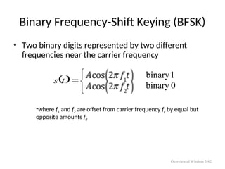 Binary Frequency-Shift Keying (BFSK)
• Two binary digits represented by two different
frequencies near the carrier frequency
•where f1 and f2 are offset from carrier frequency fc by equal but
opposite amounts fd
 






t
s
1
binary
0
binary
Overview of Wireless 5-82
 