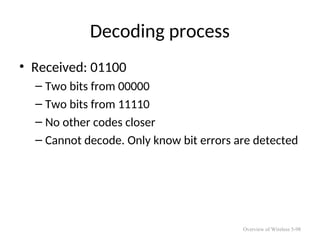 Decoding process
• Received: 01100
– Two bits from 00000
– Two bits from 11110
– No other codes closer
– Cannot decode. Only know bit errors are detected
Overview of Wireless 5-98
 
