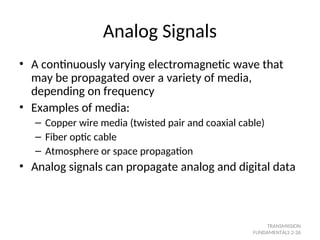Analog Signals
• A continuously varying electromagnetic wave that
may be propagated over a variety of media,
depending on frequency
• Examples of media:
– Copper wire media (twisted pair and coaxial cable)
– Fiber optic cable
– Atmosphere or space propagation
• Analog signals can propagate analog and digital data
TRANSMISSION
FUNDAMENTALS 2-26
 
