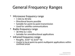 General Frequency Ranges
• Microwave frequency range
– 1 GHz to 40 GHz
– Directional beams possible
– Suitable for point-to-point transmission
– Used for satellite communications
• Radio frequency range
– 30 MHz to 1 GHz
– Suitable for omnidirectional applications
• Infrared frequency range
– Roughly, 3x1011
to 2x1014
Hz
– Useful in local point-to-point multipoint applications within
confined areas
TRANSMISSION
FUNDAMENTALS 2-37
 