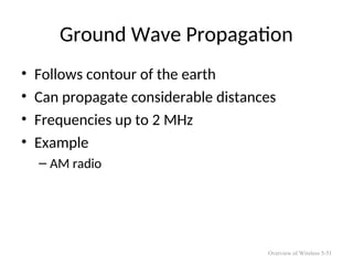 Ground Wave Propagation
• Follows contour of the earth
• Can propagate considerable distances
• Frequencies up to 2 MHz
• Example
– AM radio
Overview of Wireless 5-51
 