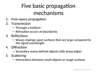 Five basic propagation
mechanisms
1. Free-space propagation
2. Transmission
– Through a medium
– Refraction occurs at boundaries
3. Reflections
– Waves impinge upon surfaces that are large compared to
the signal wavelength
4. Diffraction
– Secondary waves behind objects with sharp edges
5. Scattering
– Interactions between small objects or rough surfaces
Overview of Wireless 5-54
 