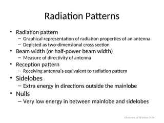 Radiation Patterns
• Radiation pattern
– Graphical representation of radiation properties of an antenna
– Depicted as two-dimensional cross section
• Beam width (or half-power beam width)
– Measure of directivity of antenna
• Reception pattern
– Receiving antenna’s equivalent to radiation pattern
• Sidelobes
– Extra energy in directions outside the mainlobe
• Nulls
– Very low energy in between mainlobe and sidelobes
Overview of Wireless 5-56
 