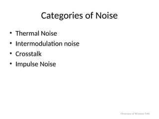Categories of Noise
• Thermal Noise
• Intermodulation noise
• Crosstalk
• Impulse Noise
Overview of Wireless 5-60
 