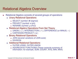 Copyright © 2016 Ramez Elmasri and Shamkant B. Navathe Slide 8- 7
Relational Algebra Overview
 Relational Algebra consists of several groups of operations
 Unary Relational Operations
 SELECT (symbol:  (sigma))
 PROJECT (symbol:  (pi))
 RENAME (symbol:  (rho))
 Relational Algebra Operations From Set Theory
 UNION (  ), INTERSECTION (  ), DIFFERENCE (or MINUS, – )
 CARTESIAN PRODUCT ( x )
 Binary Relational Operations
 JOIN (several variations of JOIN exist)
 DIVISION
 Additional Relational Operations
 OUTER JOINS, OUTER UNION
 AGGREGATE FUNCTIONS (These compute summary of
information: for example, SUM, COUNT, AVG, MIN, MAX)
 