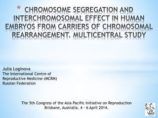 *
Julia Loginova
The International Centre of
Reproductive Medicine (MCRM)
Russian Federation
The 5th Congress of the Asia Pacific Initiative on Reproduction
Brisbane, Australia, 4 - 6 April 2014.
 