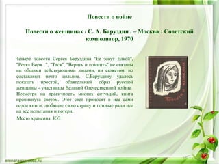 Повести о войне
Повести о женщинах / С. А. Баруздин . – Москва : Советский
композитор, 1970
Четыре повести Сергея Баруздина "Ее зовут Елкой",
"Речка Воря...", "Тася", "Верить и помнить" не связаны
ни общими действующими лицами, ни сюжетом, но
составляют нечто цельное. С.Баруздину удалось
показать простой, обаятельный образ русской
женщины - участницы Великой Отечественной войны.
Несмотря на трагичность многих ситуаций, книга
проникнута светом. Этот свет приносят в нее сами
герои книги, любящие свою страну и готовые ради нее
на все испытания и потери.
Место хранения: ЮЗ
 