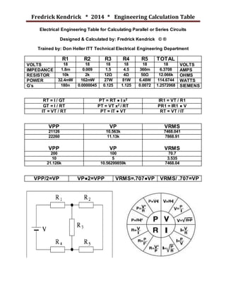 Fredrick Kendrick * 2014 * Engineering Calculation Table
Electrical Engineering Table for Calculating Parallel or Series Circuits
Designed & Calculated by: Fredrick Kendrick © ®
Trained by: Don Heller ITT Technical Electrical Engineering Department
R1 R2 R3 R4 R5 TOTAL
VOLTS 18 18 18 18 18 18 VOLTS
IMPEDANCE 1.8m 0.009 1.5 4.5 360m 6.3708 AMPS
RESISTOR 10k 2k 12Ω 4Ω 50Ω 12.066k OHMS
POWER 32.4mW 162mW 27W 81W 6.48W 114.6744 WATTS
G’s 180n 0.0000045 0.125 1.125 0.0072 1.2572068 SIEMENS
RT = I / GT PT = RT ● I x2 IR1 = VT / R1
GT = I / RT PT = VT x2 / RT PR1 = IR1 ● V
IT = VT / RT PT = IT ● VT RT = VT / IT
VPP VP VRMS
21126 10.563k 7468.041
22260 11.13k 7868.91
VPP VP VRMS
200 100 70.7
10 5 3.535
21.126k 10.56299859k 7468.04
VPP/2=VP VP●2=VPP VRMS=.707●VP VRMS/ .707=VP
 