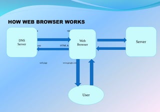 HOW WEB BROWSER WORKS
192.168.1.4 192.168.1.4
www.google.com HTML & other files
web page www.google.com
DNS
Server
Web
Browser
Server
User
 