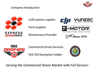 Company Introduction
Serving the Commercial Drone Market with Full Service!
sUAS system supplier
Parts Supplier
Maintenance Provider
Commercial Drone Services
FAA 333 Exemption holder
 