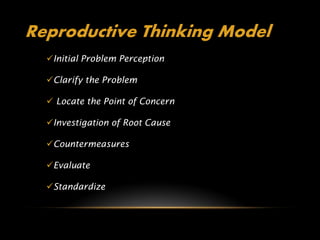 Reproductive Thinking Model
  Initial Problem Perception

  Clarify the Problem

   Locate the Point of Concern

  Investigation of Root Cause

  Countermeasures

  Evaluate

  Standardize
 