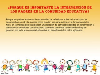 ¿Porque es imPortante la intervención de
los Padres en la comunidad educativa?
Porque los padres encuentra la oportunidad de reﬂexionar sobre la forma como se
desempeñan su rol y la manera como pueden ser parte activa en la formación de los
hijos, en la medida que establezcan una relación de corresponsabilidad en la formación y
construcción de valores con directivos, docentes, con otros padres de familia y en
general, con toda la comunidad educativa en beneﬁcio de los niños y jóvenes.
 