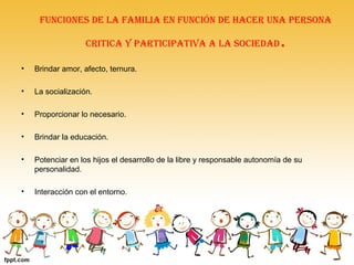 Funciones de la Familia en Función de Hacer una Persona
critica Y ParticiPativa a la sociedad.
• Brindar amor, afecto, ternura.
• La socialización.
• Proporcionar lo necesario.
• Brindar la educación.
• Potenciar en los hijos el desarrollo de la libre y responsable autonomía de su
personalidad.
• Interacción con el entorno.
 