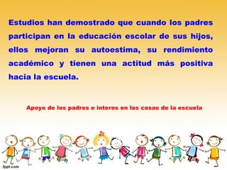 Estudios han demostrado que cuando los padres
participan en la educación escolar de sus hijos,
ellos mejoran su autoestima, su rendimiento
académico y tienen una actitud más positiva
hacia la escuela.
Apoyo de los padres e interes en las cosas de la escuela
 