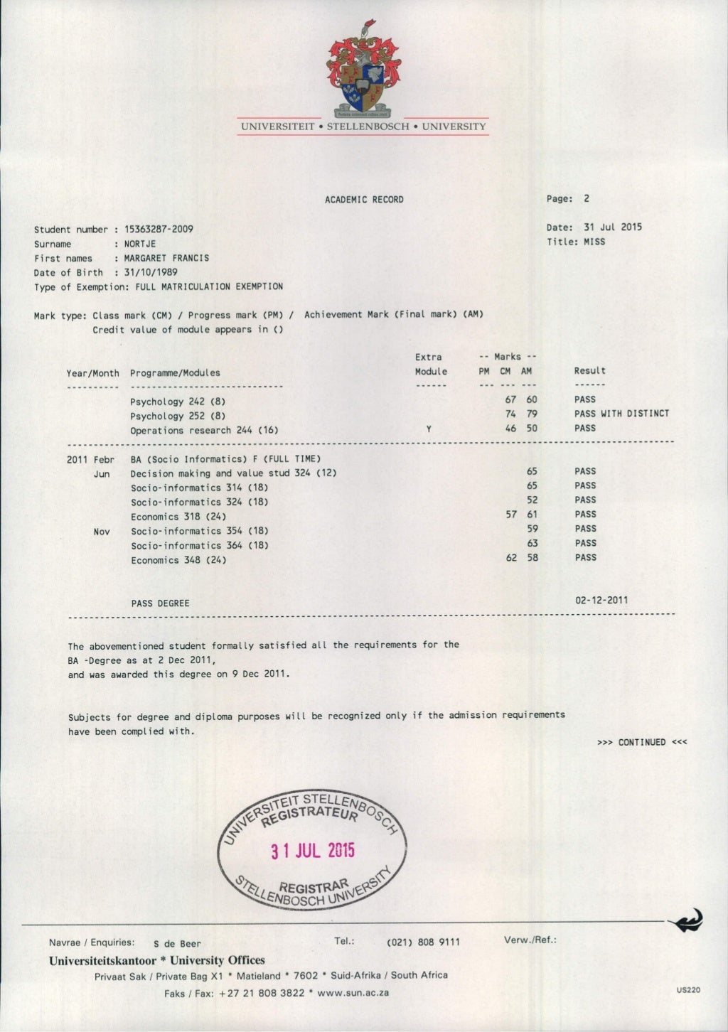 University of Stellenbosch Academic Results
