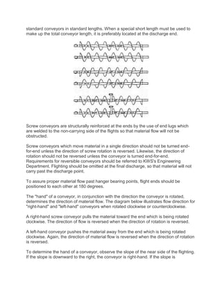 standard conveyors in standard lengths. When a special short length must be used to
make up the total conveyor length, it is preferably located at the discharge end.
Screw conveyors are structurally reinforced at the ends by the use of end lugs which
are welded to the non-carrying side of the flights so that material flow will not be
obstructed.
Screw conveyors which move material in a single direction should not be turned end-
for-end unless the direction of screw rotation is reversed. Likewise, the direction of
rotation should not be reversed unless the conveyor is turned end-for-end.
Requirements for reversible conveyors should be referred to KWS's Engineering
Department. Flighting should be omitted at the final discharge, so that material will not
carry past the discharge point.
To assure proper material flow past hanger bearing points, flight ends should be
positioned to each other at 180 degrees.
The "hand" of a conveyor, in conjunction with the direction the conveyor is rotated,
determines the direction of material flow. The diagram below illustrates flow direction for
"right-hand" and "left-hand" conveyors when rotated clockwise or counterclockwise.
A right-hand screw conveyor pulls the material toward the end which is being rotated
clockwise. The direction of flow is reversed when the direction of rotation is reversed.
A left-hand conveyor pushes the material away from the end which is being rotated
clockwise. Again, the direction of material flow is reversed when the direction of rotation
is reversed.
To determine the hand of a conveyor, observe the slope of the near side of the flighting.
If the slope is downward to the right, the conveyor is right-hand. If the slope is
 