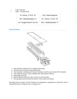 Fully enclosed
 Safe - rounded ends
R = Driver, ½" P.D. +2" CD = Center Distance
SH = Shaft Diameters ½" R1 = Driver, ½" P.D. +2"
W = Longest Hub+2" (min 4") SH1 = Shaft Diameter+ 1"
Screw Feeders
1. Inlet opening matches bin or hopper discharge.
2. Shroud cover prevents material flooding.
3. Twin tapered, variable pitch Screw Conveyor permits even draw off of material.
4. Twin tapered trough. Also available with drop bottom feature.
5. Discharge opening.
6. Solid shafting transmits rotary motion to driving gears.
7. Driving gears synchronize the action of the screw conveyors.
Normally short in length, Screw Feeders are designed to regulate the volumetric rate of
material flow from a hopper, bin or storage unit.
 