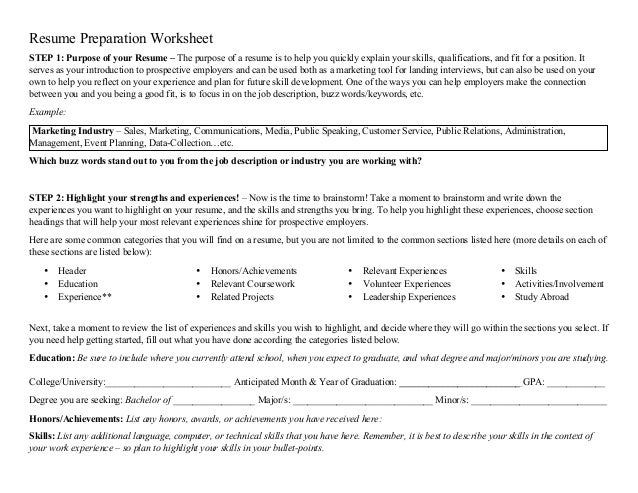 resume prep worksheet resume prep