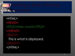 <HTML>
<HEAD>
<TITLE>Hello world</TITLE>
</HEAD>
<BODY>
This is what is displayed.
</BODY>
</HTML>
3
 