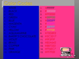 1. WHITE
2. BLACK
3. RED
4. GREEN
5. BLUE
6. MAGENTA
7. CYAN
8. YELLOW
9. AQUAMARINE
10. BAKER’S CHOCOLATE
11. VIOLET
12. BRASS
13. COPPER
14. PINK
15. ORANGE
1. #FFFFFF
2. #000000
3. #FF0000
4. #00FF00
5. #0000FF
6. #FF00FF
7. #00FFFF
8. #FFFF00
9. #70DB93
10. #5C3317
11. #9F5F9F
12. #B5A642
13. #B87333
14. #FF6EC7
15. #FF7F00
6
 