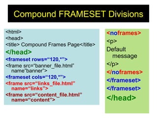 104
Compound FRAMESET Divisions
<html>
<head>
<title> Compound Frames Page</title>
</head>
<frameset rows=“120,*”>
<frame src=“banner_file.html”
name”banner”>
<frameset cols=“120,*”>
<frame src=“links_file.html”
name=“links”>
<frame src=“content_file.html”
name=“content”>
<noframes>
<p>
Default
message
</p>
</noframes>
</frameset>
</frameset>
</head>
 