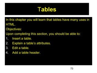 73
Tables
In this chapter you will learn that tables have many uses in
HTML.
Objectives:
Upon completing this section, you should be able to:
1. Insert a table.
2. Explain a table’s attributes.
3. Edit a table.
4. Add a table header.
 
