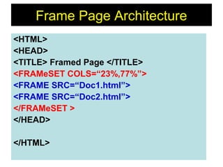 92
Frame Page Architecture
<HTML>
<HEAD>
<TITLE> Framed Page </TITLE>
<FRAMeSET COLS=“23%,77%”>
<FRAME SRC=“Doc1.html”>
<FRAME SRC=“Doc2.html”>
</FRAMeSET >
</HEAD>
</HTML>
 