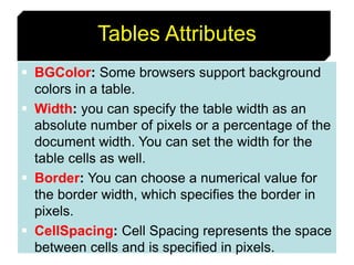 77
Tables Attributes
 BGColor: Some browsers support background
colors in a table.
 Width: you can specify the table width as an
absolute number of pixels or a percentage of the
document width. You can set the width for the
table cells as well.
 Border: You can choose a numerical value for
the border width, which specifies the border in
pixels.
 CellSpacing: Cell Spacing represents the space
between cells and is specified in pixels.
 