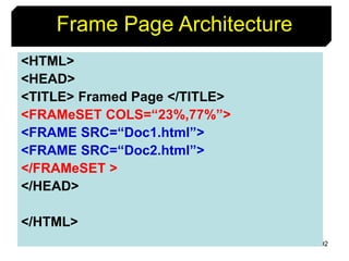 92
Frame Page Architecture
<HTML>
<HEAD>
<TITLE> Framed Page </TITLE>
<FRAMeSET COLS=“23%,77%”>
<FRAME SRC=“Doc1.html”>
<FRAME SRC=“Doc2.html”>
</FRAMeSET >
</HEAD>
</HTML>
 