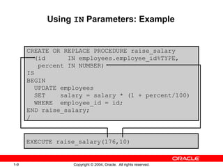 Using IN Parameters: Example


      CREATE OR REPLACE PROCEDURE raise_salary
         (id      IN employees.employee_id%TYPE,
          percent IN NUMBER)
      IS
      BEGIN
         UPDATE employees
         SET    salary = salary * (1 + percent/100)
         WHERE employee_id = id;
      END raise_salary;
      /


      EXECUTE raise_salary(176,10)


1-9               Copyright © 2004, Oracle. All rights reserved.
 
