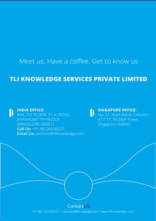 +91-80-26530227 | services@tliknowledge.com|www.tliknowledge.com
ContactUS
Meet us. Have a coﬀee. Get to know us
TLI KNOWLEDGE SERVICES PRIVATE LIMITED
SINGAPORE OFFICE:
No. 21, Bukit Batok Crescent
#17-71, WCEGA Tower
Singapore 658065
INDIA OFFICE:
#34, 1ST FLOOR, 31 A CROSS,
JAYANAGAR 7TH BLOCK
BANGALORE-560011
Call Us: +91-80-26530227
Email Us: services@tliknowledge.com
 