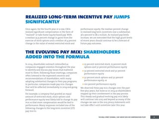 realized long-term incentive pay jumps
significantly
Once again, for the fourth year in a row, CEOs
realized significant compensation in the form of
“realized” or take-home equity-based pay. With
a median 35.9 percent change in gains from the
exercise of stock options and a median 26.4 percent
change in the value of vested restricted stock and
performance equity, the median percent change
in realized long-term incentives rose a substantial
36.7 percent to $8.2 million. As realized pay levels
increase, we are reminded that the high grant levels
of recent years should continue to be a forecast of
future pay outcomes.
the evolving pay mix: shareholders
added into the formula
In 2014, shareholder outreach intensified as
companies engaged investors throughout the year
to identify and discuss pay issues that mattered
most to them. Following those meetings, companies
often listened to the expressed concerns and
recommendations of shareholders, with many
adopting substantial changes to their pay programs.
In particular, companies made pay mix changes
that will be reflected immediately in 2014 and going
forward.
For example, a company that granted an equal
amount of restricted stock, stock options and
performance equity was likely told to change its pay
mix so that more compensation would be tied to
performance. Many responses included one of the
following changes to the long-term incentive (LTI)
pay mix to:
ƒƒ 25 percent restricted stock, 25 percent stock
options and 50 percent performance equity
ƒƒ 50 percent restricted stock and 50 percent
performance equity
ƒƒ 50 percent stock options and 50 percent
performance equity, or
ƒƒ 100 percent performance equity.
We observed these pay mix changes over the past
five-plus years, but more so in 2014 as shareholders
stepped up their involvement in the pay process.
This steady and gradual evolving pay mix likely
will continue into 2015 and beyond as many of the
changes we saw in the 2015 proxy statements will
not take effect until sometime later this year.
THE WALL STREET JOURNAL / HAY GROUP 2014 CEO COMPENSATION STUDY 4
 