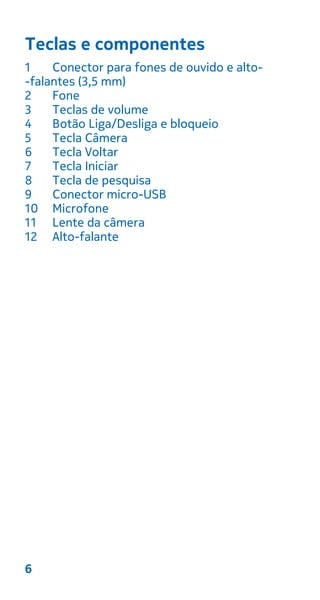 Teclas e componentes
1 Conector para fones de ouvido e alto-
-falantes (3,5 mm)
2 Fone
3 Teclas de volume
4 Botão Liga/Desliga e bloqueio
5 Tecla Câmera
6 Tecla Voltar
7 Tecla Iniciar
8 Tecla de pesquisa
9 Conector micro-USB
10 Microfone
11 Lente da câmera
12 Alto-falante
6
 