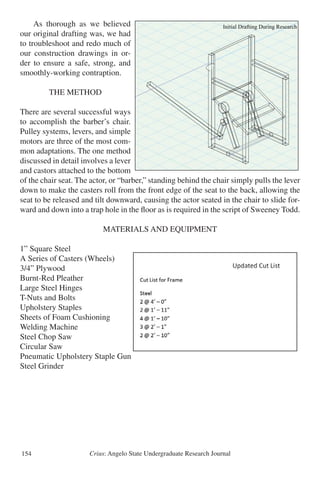 Crius: Angelo State Undergraduate Research Journal154
	 As thorough as we believed
our original drafting was, we had
to troubleshoot and redo much of
our construction drawings in or-
der to ensure a safe, strong, and
smoothly-working contraption.
THE METHOD
There are several successful ways
to accomplish the barber’s chair.
Pulley systems, levers, and simple
motors are three of the most com-
mon adaptations. The one method
discussed in detail involves a lever
and castors attached to the bottom
of the chair seat. The actor, or “barber,” standing behind the chair simply pulls the lever
down to make the casters roll from the front edge of the seat to the back, allowing the
seat to be released and tilt downward, causing the actor seated in the chair to slide for-
ward and down into a trap hole in the floor as is required in the script of Sweeney Todd.
MATERIALS AND EQUIPMENT
1” Square Steel
A Series of Casters (Wheels)
3/4” Plywood
Burnt-Red Pleather
Large Steel Hinges
T-Nuts and Bolts
Upholstery Staples
Sheets of Foam Cushioning
Welding Machine
Steel Chop Saw
Circular Saw
Pneumatic Upholstery Staple Gun
Steel Grinder
Learning to weld was not hard. However, making clean, strong welds was extremely difficult.
As thorough as we believed
our original drafting was, we
had to troubleshoot and redo
much of our construction
drawings in order to ensure a
safe, strong, and smoothly-
working contraption.
THE METHOD
There are several successful
ways to accomplish the
barber's chair. Pulley
systems, levers, and simple
motors are three of the most
common adaptations. The one
method discussed in detail
involves a lever and castors
attached to the bottom of the
chair seat. The actor, or "barber," standing behind the chair simply pulls the lever down to make
the casters roll from the front edge of the seat to the back, allowing the seat to be released and tilt
downward, causing the actor seated in the chair to slide forward and down into a trap hole in the
floor as is required in the script of Sweeney Todd.
Initial Drafting During Research
MATERIALS AND EQUIPMENT
1" Square Steel
A Series of Casters (Wheels)
3/4" Plywood
Burnt-Red Pleather
Large Steel Hinges
T-Nuts and Bolts
Upholstery Staples
Sheets of Foam Cushioning
Welding Machine
Steel Chop Saw
thorough as we believed
original drafting was, we
d to troubleshoot and redo
ch of our construction
wings in order to ensure a
e, strong, and smoothly-
rking contraption.
E METHOD
ere are several successful
ys to accomplish the
ber's chair. Pulley
tems, levers, and simple
tors are three of the most
mmon adaptations. The one
thod discussed in detail
olves a lever and castors
ached to the bottom of the
air seat. The actor, or "barber," standing behind the chair simply pulls the lever down to make
casters roll from the front edge of the seat to the back, allowing the seat to be released and tilt
wnward, causing the actor seated in the chair to slide forward and down into a trap hole in the
or as is required in the script of Sweeney Todd.
Initial Drafting During Research
ATERIALS AND EQUIPMENT
Square Steel
Series of Casters (Wheels)
" Plywood
rnt-Red Pleather
rge Steel Hinges
Nuts and Bolts
holstery Staples
eets of Foam Cushioning
elding Machine
el Chop Saw
 