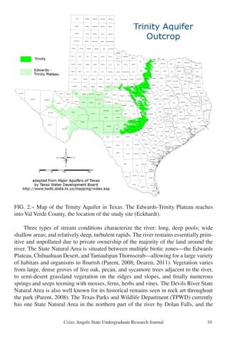 Crius: Angelo State Undergraduate Research Journal 19
FIG. 2.− Map of the Trinity Aquifer in Texas. The Edwards-Trinity Plateau reaches
into Val Verde County, the location of the study site (Eckhardt).
	 Three types of stream conditions characterize the river: long, deep pools; wide
shallow areas; and relatively deep, turbulent rapids. The river remains essentially prim-
itive and unpolluted due to private ownership of the majority of the land around the
river. The State Natural Area is situated between multiple biotic zones—the Edwards
Plateau, Chihuahuan Desert, and Tamaulipan Thornscrub—allowing for a large variety
of habitats and organisms to flourish (Parent, 2008; Dearen, 2011). Vegetation varies
from large, dense groves of live oak, pecan, and sycamore trees adjacent to the river,
to semi-desert grassland vegetation on the ridges and slopes, and finally numerous
springs and seeps teeming with mosses, ferns, herbs and vines. The Devils River State
Natural Area is also well known for its historical remains seen in rock art throughout
the park (Parent, 2008). The Texas Parks and Wildlife Department (TPWD) currently
has one State Natural Area in the northern part of the river by Dolan Falls, and the
Figure 2 
 
15 
 
 