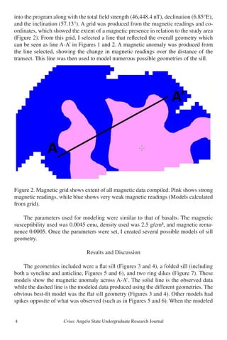 Crius: Angelo State Undergraduate Research Journal4
into the program along with the total field strength (46,448.4 nT), declination (6.85°E),
and the inclination (57.13°). A grid was produced from the magnetic readings and co-
ordinates, which showed the extent of a magnetic presence in relation to the study area
(Figure 2). From this grid, I selected a line that reflected the overall geometry which
can be seen as line A-A’ in Figures 1 and 2. A magnetic anomaly was produced from
the line selected, showing the change in magnetic readings over the distance of the
transect. This line was then used to model numerous possible geometries of the sill.
Figure 2. Magnetic grid shows extent of all magnetic data compiled. Pink shows strong
magnetic readings, while blue shows very weak magnetic readings (Models calculated
from grid).
	 The parameters used for modeling were similar to that of basalts. The magnetic
susceptibility used was 0.0045 emu, density used was 2.5 g/cm³, and magnetic rema-
nence 0.0005. Once the parameters were set, I created several possible models of sill
geometry.
Results and Discussion
	 The geometries included were a flat sill (Figures 3 and 4), a folded sill (including
both a syncline and anticline, Figures 5 and 6), and two ring dikes (Figure 7). These
models show the magnetic anomaly across A-A’. The solid line is the observed data
while the dashed line is the modeled data produced using the different geometries. The
obvious best-fit model was the flat sill geometry (Figures 3 and 4). Other models had
spikes opposite of what was observed (such as in Figures 5 and 6). When the modeled
Figure 2
 
