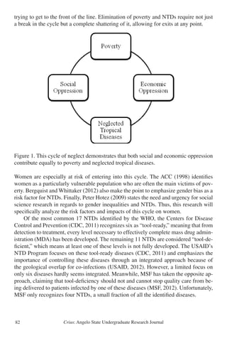 Crius: Angelo State Undergraduate Research Journal82
trying to get to the front of the line. Elimination of poverty and NTDs require not just
a break in the cycle but a complete shattering of it, allowing for exits at any point.
Figure 1. This cycle of neglect demonstrates that both social and economic oppression
contribute equally to poverty and neglected tropical diseases.
Women are especially at risk of entering into this cycle. The ACC (1998) identifies
women as a particularly vulnerable population who are often the main victims of pov-
erty. Bergquist and Whittaker (2012) also make the point to emphasize gender bias as a
risk factor for NTDs. Finally, Peter Hotez (2009) states the need and urgency for social
science research in regards to gender inequalities and NTDs. Thus, this research will
specifically analyze the risk factors and impacts of this cycle on women.
	 Of the most common 17 NTDs identified by the WHO, the Centers for Disease
Control and Prevention (CDC, 2011) recognizes six as “tool-ready,” meaning that from
detection to treatment, every level necessary to effectively complete mass drug admin-
istration (MDA) has been developed. The remaining 11 NTDs are considered “tool-de-
ficient,” which means at least one of these levels is not fully developed. The USAID’s
NTD Program focuses on these tool-ready diseases (CDC, 2011) and emphasizes the
importance of controlling these diseases through an integrated approach because of
the geological overlap for co-infections (USAID, 2012). However, a limited focus on
only six diseases hardly seems integrated. Meanwhile, MSF has taken the opposite ap-
proach, claiming that tool-deficiency should not and cannot stop quality care from be-
ing delivered to patients infected by one of these diseases (MSF, 2012). Unfortunately,
MSF only recognizes four NTDs, a small fraction of all the identified diseases.
re 1
 