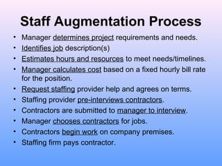 Staff Augmentation Process
• Manager determines project requirements and needs.
• Identifies job description(s)
• Estimates hours and resources to meet needs/timelines.
• Manager calculates cost based on a fixed hourly bill rate
for the position.
• Request staffing provider help and agrees on terms.
• Staffing provider pre-interviews contractors.
• Contractors are submitted to manager to interview.
• Manager chooses contractors for jobs.
• Contractors begin work on company premises.
• Staffing firm pays contractor.
 