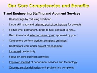 Our Core Competencies and BenefitsOur Core Competencies and Benefits
IT and Engineering Staffing and Augment ServicesIT and Engineering Staffing and Augment Services
• Cost savings by reducing overhead.
• Large skill ready and talented pool of contractors for projects.
• Fill full-time, permanent, direct-to-hire, contract-to-hire...
• Recruitment and selection done by us, approved by you.
• Contractors perform work on company premises.
• Contractors work under project management.
• Increased productivity.
• Focus on core business activities.
• Improved method of department services and technology.
• Ongoing service deliveries until projects are completed.
 