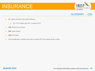 5454
GLOSSARY … (2/2)
For updated information, please visit www.ibef.org
FY: Indian Financial Year (April to March)
So, FY12 implies April 2011 to March 2012
GOI: Government of India
INR: Indian Rupee
USD: US Dollar
Where applicable, numbers have been rounded off to the nearest whole number
INSURANCE
AUGUST 2015
 