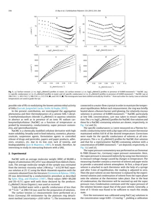256 D. Ray et al. / Carbohydrate Polymers 125 (2015) 255–264
a b
dc
Fig. 1. (a) Surface tension ( ) vs. log[C10MeImCl] proﬁles in water, (b) surface tension ( ) vs. log[C10MeImCl] proﬁles in presence of 0.0005 monomol L−1
NaCMC (aq),
(c) speciﬁc conductance (Ä) vs. [C10MeImCl] proﬁles in water and (d) speciﬁc conductance (Ä) vs. [C10MeImCl] proﬁles in presence of 0.0005 monomol L−1
NaCMC (aq) at
298.15 K ( ), 303.15 K ( ), 308.15 K ( ), 313.15 K (᭹), and 318.15 ( ). The tensiograms have been shifted vertically by 10 mN m−1
from each other for clarity. Lines at selected
temperatures are used to guide the eye.
possible role of PEs in modulating the known antimicrobial activity
of SAILs (Łuczak, Jungnickel, Łacka, Stolte, & Hupka, 2010).
In the present contribution, we investigated the aggregation
phenomena and their thermodynamics of a cationic SAIL 1-decyl-
3-methylimidazolium chloride (C10MeImCl) in aqueous solutions
in absence as well as in presence of an ionic PE sodium car-
boxymethylcellulose (NaCMC) as a function of temperature as
probed by tensiometry, conductometry, vapor pressure osmom-
etry, and spectroﬂuorimetry.
NaCMC is a chemically modiﬁed cellulose derivative with high
water solubility, broadly used in food industry, cosmetics, pharma-
ceuticals, suspension agents, formulation agents in controlled
release of drugs and pesticides, papers and paper products, adhe-
sives, ceramics, etc. due to its low cost, lack of toxicity, and
biodegradability (Just & Majewicz, 1985). It would, therefore, be
interesting to study its interacting features with a SAIL.
2. Experimental
NaCMC with an average molecular weight (MW) of 90,000 a
degree of substitution (DS) of 0.7 was obtained from Aldrich Chem-
icals. The average molecular weight of the sample was estimated
from the intrinsic viscosity value (198 mL g−1 in 0.2 M NaCl aque-
ous solution at 25 ◦C) using the Mark–Houwink equation with the
constants obtained from the literature (Eremeeva & Bykova, 1998).
DS was determined by a conductometric procedure as described
by Eyler, Klug, and Diephuis (1947). These values (MW = 89,200
and DS = 0.71) agree well with those declared by the producer.
C10MeImCl (Acros Organics), was used as received.
Triply distilled water with a speciﬁc conductance of less than
10−6 S cm−1 at 298.15 K was used for the preparation of solutions.
The surface tension ( ) measurements were performed on a
Krüss (Germany) K9 tensiometer by the platinum ring detach-
ment method (uncertainty = ±0.01 mN m−1). The tensiometer was
connected to a water-ﬂow cryostat in order to maintain the temper-
ature equilibration. Before each measurement, the ring was brieﬂy
heated above a Bunsen burner until glowing. For relatively viscous
solutions in presence of 0.0005 monomol L−1 NaCMC particularly
at low SAIL concentrations, care was taken to ensure equilibra-
tion. The vs. log[C10MeImCl] proﬁles for NaCMC-free solution and
those for a NaCMC-containing solution are shown, respectively, in
Fig. 1(a) and (b).
The speciﬁc conductances (Ä) were measured on a Thermo Sci-
entiﬁc conductivity meter with a dip-type cell in a water thermostat
maintained within 0.01 K of the desired temperature. Corrections
were made for the speciﬁc conductance of solvents at all tem-
peratures. The Ä vs. [C10MeImCl] proﬁles for NaCMC-free solution
and that for a representative NaCMC-containing solution with a
concentration of 0.0005 monomol L−1 are depicted, respectively, in
Fig. 1(c) and (d).
The vapor pressure osmometery was performed on an Osmomat
K-7000 (Knauer Inc., Germany) vapor pressure osmometer. Here,
the vapor pressure is measured indirectly by using two thermistors
to measure voltage change caused by changes in temperature. The
measuring chamber contains a reservoir of solvent and paper wicks
to provide a saturated solvent atmosphere. At ﬁrst, a drop of pure
solvent is attached to each thermistor with the help of a syringe
and after 5 min of equilibration, the reading is adjusted to zero.
Then the pure solvent on one thermistor is replaced by the experi-
mental solution and condensation of solvent from the vapor phase
onto the solution at the thermistor takes place. Due to the heat
of condensation, the thermistor will be warmed up and the vapor
pressure rises. Condensation continues until the vapor pressure of
the solution becomes equal that of the pure solvent. Generally, a
time of 5–10 min was found to be sufﬁcient to reach this steady
state.
First the instrument was calibrated using NaCl (aq) solutions in
the concentration range 0.001–1.5 mol kg−1, yielding a calibration
 