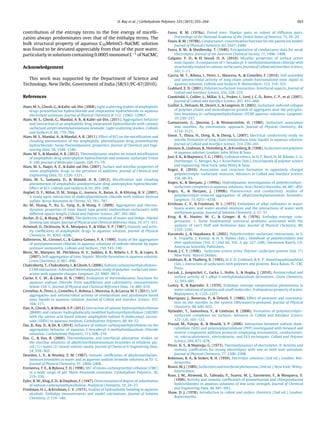 D. Ray et al. / Carbohydrate Polymers 125 (2015) 255–264 263
contribution of the entropy terms to the free energy of micelli-
zation always predominates over that of the enthalpy terms. The
bulk structural property of aqueous C10MeImCl–NaCMC solution
was found to be deviated appreciably from that of the pure water,
particularly in solutions containing 0.0005 monomol L−1 of NaCMC.
Acknowledgement
This work was supported by the Department of Science and
Technology, New Delhi, Government of India (SR/S1/PC-67/2010).
References
Alam, M. S., Ghosh, G., & Kabir-ud-Din. (2008). Light scattering studies of amphiphilic
drugs promethazine hydrochloride and imipramine hydrochloride in aqueous
electrolyte solutions. Journal of Physical Chemistry B, 112, 12962–12967.
Alam, M. S., Ghosh, G., Mandal, A. B., & Kabir-ud-Din. (2011). Aggregation behavior
and interaction of an amphiphilic drug imipramine hydrochloride with cationic
surfactant cetyltrimethylammonium bromide: Light scattering studies. Colloids
and Surfaces B, 88, 779–784.
Alam, M. S., Mandal, A., & Mandal, A. B. (2011). Effect of KCl on the micellization and
clouding phenomenon of the amphiphilic phenothiazine drug promethazine
hydrochloride: Some thermodynamic properties. Journal of Chemical and Engi-
neering Data, 56, 1540–1546.
Alam, M. S., & Mandal, A. B. (2012). Thermodynamic studies on mixed micellization
of amphiphilic drug amitriptyline hydrochloride and nonionic surfactant Triton
X-100. Journal of Molecular Liquids, 168, 75–79.
Alam, M. S., Naqvi, A. Z., & Kabir-ud-Din. (2007). Surface and micellar properties of
some amphiphilic drugs in the presence of additives. Journal of Chemical and
Engineering Data, 52, 1326–1331.
Alam, M. S., Samanta, D., & Mandal, A. B. (2012). Micellization and clouding
phenomenon of amphiphilic antidepressant drug amitriptyline hydrochloride:
Effect of KCl. Colloids and Surfaces B, 92, 203–208.
Anghel, D. F., Mihai, D. M., Stinga, G., Iovescu, A., Baran, A., & Klitzing, R. V. (2007).
A study upon interaction of dodecylpyridinium chloride with sodium dextran
sulfate. Revue Roumaine de Chemie, 52, 781–787.
Ao, M., Huang, P., Xu, G., Yang, X., & Wang, Y. (2009). Aggregation and thermo-
dynamic properties of ionic liquid type gemini imidazolium surfactants with
different spacer length. Colloid and Polymer Science, 287, 395–402.
Archer, D. G., & Wang, P. (1990). The dielectric constant of water and Debye–Hückel
limiting law slopes. Journal of Physical and Chemical Reference Data, 19, 371–411.
Attwood, D., Dickinson, N. A., Mosquera, V., & Villar, V. P. (1987). Osmotic and activ-
ity coefﬁcients of amphiphilic drugs in aqueous solution. Journal of Physical
Chemistry, 91, 4203–4206.
Ballesteros, M., Coronel, C., & Galera-Gomez, P. A. (1999). Study of the aggregation
of nonylammonium chloride in aqueous solutions of sodium chloride by vapor
pressure osmometry. Colloids and Surfaces, 150, 143–149.
Blesic, M., Marques, M., Plechkova, N. V., Seddon, K. R., Rebelo, L. P. N., & Lopes, A.
(2007). Self-aggregation of ionic liquids: Micelle formation in aqueous solution.
Green Chemistry, 9, 481–490.
Chakraborty, T., Chakraborty, I., & Ghosh, S. (2006). Sodium carboxymethylcellulose–
CTAB interaction: A detailed thermodynamic study of polymer–surfactant inter-
action with opposite charges. Langmuir, 22, 9905–9913.
Clarke, E. C. W., & Glew, D. N. (1985). Evaluation of thermodynamic functions for
aqueous sodium chloride from equilibrium and calorimetric measurements
below 154 ◦
C. Journal of Physical and Chemical Reference Data, 14, 489–610.
Cornellas, A., Perez, L., Comelles, F., Robosa, I., Manresa, A., & Garcia, M. T. (2011). Self-
aggregation and antimicrobial activity of imidazolium and pyridinium based
ionic liquids in aqueous solution. Journal of Colloid and Interface Science, 355,
164–171.
Dan,A.,Ghosh,S.,&Moulik,S.P.(2012).Interactionofcationichydroxyethylcellulose
(JR400) and cationic hydrophobically modiﬁed hydroxyethylcellulose (LM200)
with the amino-acid based anionic amphiphile sodium N-dodecanoyl sarcosi-
nate (SDDS) in aqueous medium. Carbohydrate Polymers, 80, 44–52.
Das, B., Ray, D., & De, R. (2014). Inﬂuence of sodium carboxymethylcellulose on the
aggregation behavior of aqueous 1-hexadecyl-3-methylimidazolium chloride
solutions. Carbohydrate Polymers, 113, 208–216.
Das, C., & Das, B. (2009). Thermodynamic and interfacial adsorption studies on
the micellar solutions of alkyltrimethylammonium bromides in ethylene gly-
col (1) + water (2) mixed solvent media. Journal of Chemical & Engineering Data,
54, 559–565.
Dearden, L. V., & Wooley, E. M. (1987). Osmotic coefﬁcients of alkyltrimethylam-
monium bromides in water and in aqueous sodium bromide solutions at 55 ◦
C.
Journal of Physical Chemistry, 91, 2404–2408.
Eremeeva, T. E., & Bykova, T. O. (1998). SEC of mono-carboxymethyl cellulose (CMC)
in a wide range of pH: Mark–Houwink constants. Carbohydrate Polymers, 36,
319–326.
Eyler, R. W., Klug, E. D., & Diephuis, F. (1947). Determination of degree of substitution
of sodium carboxymethylcellulose. Analytical Chemistry, 19, 24–27.
Friedman, H. L., & Krishnan, C. V. (1973). Studies of hydrophobic bonding in aqueous
alcohols: Enthalpy measurements and model calculations. Journal of Solution
Chemistry, 2, 119–140.
Fuoss, R. M. (1978a). Paired ions: Dipolar pairs as subset of diffusion pairs.
Proceedings of the National Academy of the United States of America, 75, 16–20.
Fuoss, R. M. (1978b). Conductance–concentration function for the paired ion model.
Journal of Physical Chemistry, 82, 2427–2440.
Fuoss, R. M., & Shedlovsky, T. (1949). Extrapolation of conductance data for weak
electrolytes. Journal of the American Chemical Society, 71, 1496–1498.
Galgano, P. D., & El Seoud, O. A. (2010). Micellar properties of surface active
ionic liquids: A comparison of 1-hexadecyl-3-methylimidazolium chloride with
structurally related to cationic surfactants. Journal of Colloid and Interface Science,
345, 1–11.
Garcia, M. T., Ribosa, I., Perez, L., Manresa, A., & Comelles, F. (2014). Self-assembly
and antimicrobial activity of long-chain amide-functionalized ionic liquid in
aqueous solution. Colloids and Surfaces B: Biointerfaces, 123, 318–325.
Goddard, E. D. (2001). Polymer/surfactant interaction: Interfacial aspects. Journal of
Colloid and Interface Science, 256, 228–235.
Goodchild, I., Collier, L., Millar, S. L., Prokes, I., Lord, J. C. D., Butts, C. P., et al. (2007).
Journal of Colloid and Interface Science, 307, 455–468.
Guillot, S., Delsanti, M., Desert, S., & Langevin, D. (2003). Surfactant-induced collapse
of polymer chains and monodisperse growth of aggregates near the precipita-
tion boundary in carboxymethylcellulose–DTAB aqueous solutions. Langmuir,
19, 230–237.
Gunnarsson, G., Jönsson, J., & Wennerström, H. (1980). Surfactant association
into micelles. An electrostatic approach. Journal of Physical Chemistry, 84,
3114–3121.
Inoue, T., Ebina, H., Dong, B., & Zheng, L. (2007). Electrical conductivity study on
micelle formation of long-chain imidazolium ionic liquids in aqueous solution.
Journal of Colloid and Interface Science, 314, 236–241.
Jönsson, B., Lindman, B., Holmberg, K., & Kronberg, B. (1998). Surfactants and polymers
in aqueous solution. London: John Wiley & Sons.
Just, E. K., & Majewicz, T. G. (1985). Cellulose ethers. In H. F. Mark, N. M. Bikales, C. G.
Overberger, G. Menges, & J. I. Kroschwitz (Eds.), Encyclopedia of polymer science
and engineering. New York: John Wiley & Sons.
Kogez, K. (2010). Association and structure formation in oppositely charged
polyelectrolyte–surfactant mixtures. Advances in Colloid and Interface Science,
158, 68–83.
Kogez, K., & Skerjanc, J. (1999a). Hydrodynamic investigations of polyelectrolyte–
surfactant complexes in aqueous solutions. Acta Chimica Slovenika, 46, 481–492.
Kogez, K., & Skerjanc, J. (1999b). Fluorescence and conductivity studies of
polyelectrolyte-induced aggregation of alkyltrimethylammonium bromides.
Langmuir, 15, 4251–4258.
Krishnan, C. V., & Friedman, H. L. (1973). Enthalpies of alkyl sulfonates in water,
heavy water, and water-alcohol mixtures and the interactions of water with
methylene groups. Journal of Solution Chemistry, 2, 37–51.
Krug, R. R., Hunter, W. C., & Grieger, R. A. (1976). Enthalpy–entropy com-
pensation. 1. Some fundamental statistical problems associated with the
analysis of van’t Hoff and Arrhenius data. Journal of Physical Chemistry, 80,
2335–2341.
Kurawaki, J., & Hayakawa, K. (2002). Polyelectrolyte–surfactant interactions. In S.
K. Tripathy, J. Kumar, & H. S. Nalwa (Eds.), Handbook of polyelectrolytes and
their applications (Vol. 2) (2nd ed., Vol. 2, pp. 227–248). Stevenson Ranch, CA:
American Scientiﬁc Publishers.
Kwak, J. C. T. (1998). . Surfactant science series. Polymer–surfactant systems (Vol. 77)
New York: Marcel Dekker.
Lindman, B., & Thalberg, K. (1993). In E. D. Goddard, & K. P. Ananthapadmanabhan
(Eds.), Interaction of surfactants with polymers and proteins. Boca Raton, FL: CRC
Press.
Łuczak, J., Jungnickel, C., Łacka, I., Stolte, S., & Hupka, J. (2010). Antimicrobial and
surface activity of 1-alkyl-3-methylimidazolium derivatives. Green Chemistry,
12, 593–601.
Lumry, R., & Rajender, S. (1970). Enthalpy–entropy compensation phenomena in
water solutions of proteins and small molecules: A ubiquitous property of water.
Biopolymers, 9, 1125–1227.
Marrignan, J., Basserau, P., & Delord, F. (1986). Effect of pentanol and concentra-
tion on the micelles in the system OBS/water/n-pentanol. Journal of Physical
Chemistry, 90, 645–652.
Nylander, T., Samoshina, Y., & Lindman, B. (2006). Formation of polyelectrolyte–
surfactant complexes on surfaces. Advances in Colloid and Interface Science,
123–126, 105–123.
Prasad, M., Palepu, R., & Moulik, S. P. (2006). Interaction between sodium dode-
cylsulfate (SDS) and polyvinylpyrrolidone (PVP) investigated with forward and
reverse component addition protocols employing tensiometric, conductomet-
ric, microcalorimetric, electrokinetic, and DLS techniques. Colloid and Polymer
Science, 284, 871–878.
Pitzer, K. S., & Mayorga, G. (1973). Thermodynamics of electrolytes. II. Activity and
osmotic coefﬁcients for strong electrolytes with one or both ions univalent.
Journal of Physical Chemistry, 77, 2300–2308.
Robinson, R. A., & Stokes, R. H. (1959). Electrolyte solutions (2nd ed.). London: But-
terworths.
Rosen, M. J. (1989). Surfactants and interfacial phenomena (2nd ed.). New York: Wiley-
Interscience.
Ruso, J. M., Attwood, D., Taboada, P., Suarez, M. J., Sarmiento, F., & Mosquera, V.
(1999). Activity and osmotic coefﬁcients of promethazine and chlorpromazine
hydrochlorides in aqueous solutions of low ionic strength. Journal of Chemical
and Engineering Data, 44, 941–943.
Shaw, D. J. (1978). Introduction to colloid and surface chemistry (2nd ed.). London:
Butterworths.
 