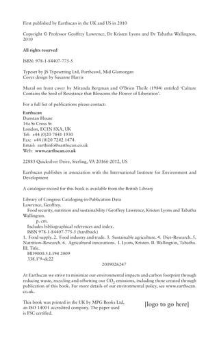 Food Security Nutrition And Sustainability Geoffrey Lawrence | PDF