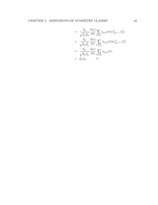 CHAPTER 2. DIMENSIONS OF SYMMETRY CLASSES 32
=
δir
djt djs
λ(e)
|G| σ∈G
ajsjt (σ)(e⊗
ασ−1 , e⊗
α )
=
δir
djt djs
λ(e)
|G| σ∈Gα
ajsjt (σ)(e⊗
ασ−1 , e⊗
α )
=
δir
djt djs
λ(e)
|G| σ∈Gα
ajsjt (σ)
= δirδst. 2
 