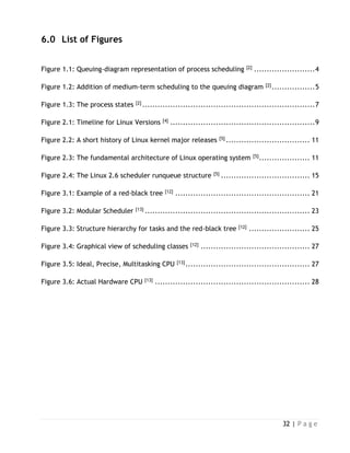 32 | P a g e
6.0 List of Figures
Figure 1.1: Queuing-diagram representation of process scheduling [2] ........................4
Figure 1.2: Addition of medium-term scheduling to the queuing diagram [2].................5
Figure 1.3: The process states [2] ....................................................................7
Figure 2.1: Timeline for Linux Versions [4] .........................................................9
Figure 2.2: A short history of Linux kernel major releases [5] ................................. 11
Figure 2.3: The fundamental architecture of Linux operating system [5].................... 11
Figure 2.4: The Linux 2.6 scheduler runqueue structure [5] ................................... 15
Figure 3.1: Example of a red-black tree [12] ..................................................... 21
Figure 3.2: Modular Scheduler [13] ................................................................. 23
Figure 3.3: Structure hierarchy for tasks and the red-black tree [12] ........................ 25
Figure 3.4: Graphical view of scheduling classes [12] ........................................... 27
Figure 3.5: Ideal, Precise, Multitasking CPU [13]................................................. 27
Figure 3.6: Actual Hardware CPU [13] ............................................................. 28
 