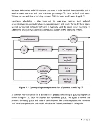 4 | P a g e
between IO intensive and CPU intensive processes is to be handled. In modern OS's, this is
used to make sure that real time processes get enough CPU time to finish their tasks.
Without proper real time scheduling, modern GUI interfaces would seem sluggish [1].
Long-term scheduling is also important in large-scale systems such as batch
processing systems, computer clusters, supercomputers and render farms. In these cases,
special purpose job scheduler software is typically used to assist these functions, in
addition to any underlying admission scheduling support in the operating system.
Figure 1.1: Queuing-diagram representation of process scheduling [2]
A common representation for a discussion of process scheduling is queuing diagram as
shown in figure 1.1. Each rectangular box represents queue. Two types of queues are
present: the ready queue and a set of device queue. The circles represent the resources
that serve the queues and the arrows indicate the flow of processes in the system.
 
