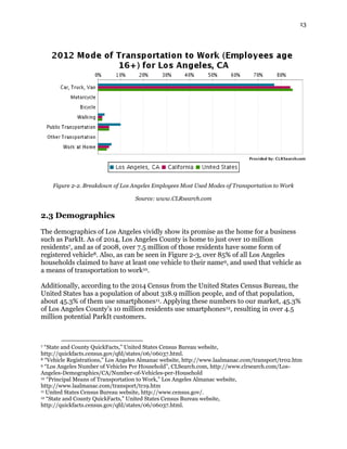 13
Figure 2-2. Breakdown of Los Angeles Employees Most Used Modes of Transportation to Work
Source: www.CLRsearch.com
2.3 Demographics
The demographics of Los Angeles vividly show its promise as the home for a business
such as ParkIt. As of 2014, Los Angeles County is home to just over 10 million
residents7, and as of 2008, over 7.5 million of those residents have some form of
registered vehicle8. Also, as can be seen in Figure 2-3, over 85% of all Los Angeles
households claimed to have at least one vehicle to their name9, and used that vehicle as
a means of transportation to work10.
Additionally, according to the 2014 Census from the United States Census Bureau, the
United States has a population of about 318.9 million people, and of that population,
about 45.3% of them use smartphones11. Applying these numbers to our market, 45.3%
of Los Angeles County’s 10 million residents use smartphones12, resulting in over 4.5
million potential ParkIt customers.
7 “State and County QuickFacts,” United States Census Bureau website,
http://quickfacts.census.gov/qfd/states/06/06037.html.
8 “Vehicle Registrations,” Los Angeles Almanac website, http://www.laalmanac.com/transport/tr02.htm
9 “Los Angeles Number of Vehicles Per Household”, CLSearch.com, http://www.clrsearch.com/Los-
Angeles-Demographics/CA/Number-of-Vehicles-per-Household
10 “Principal Means of Transportation to Work,” Los Angeles Almanac website,
http://www.laalmanac.com/transport/tr19.htm
11 United States Census Bureau website, http://www.census.gov/.
12 “State and County QuickFacts,” United States Census Bureau website,
http://quickfacts.census.gov/qfd/states/06/06037.html.
 