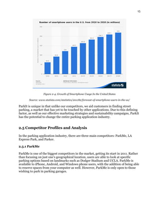 15
Figure 2-4. Growth of Smartphone Usage In the United States
Source: www.statista.com/statistics/201182/forecast-of-smartphone-users-in-the-us/
ParkIt is unique in that unlike our competitors, we aid customers in finding street
parking, a market that has yet to be touched by other applications. Due to this defining
factor, as well as our effective marketing strategies and sustainability campaigns, ParkIt
has the potential to change the entire parking application industry.
2.5 Competitor Profiles and Analysis
In the parking application industry, there are three main competitors: ParkMe, LA
Express Park, and Parker.
2.5.1 ParkMe
ParkMe is one of the biggest competitors in the market, getting its start in 2011. Rather
than focusing on just one’s geographical location, users are able to look at specific
parking options based on landmarks such as Dodger Stadium and UCLA. ParkMe is
available to iPhone, Android, and Windows phone users, with the addition of being able
to reserve spaces from your computer as well. However, ParkMe is only open to those
wishing to park in parking garages.
 