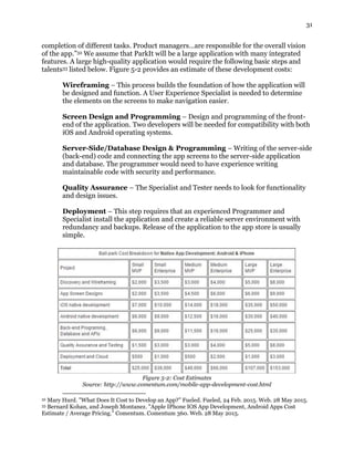 31
completion of different tasks. Product managers…are responsible for the overall vision
of the app.”32 We assume that ParkIt will be a large application with many integrated
features. A large high-quality application would require the following basic steps and
talents33 listed below. Figure 5-2 provides an estimate of these development costs:
Wireframing – This process builds the foundation of how the application will
be designed and function. A User Experience Specialist is needed to determine
the elements on the screens to make navigation easier.
Screen Design and Programming – Design and programming of the front-
end of the application. Two developers will be needed for compatibility with both
iOS and Android operating systems.
Server-Side/Database Design & Programming – Writing of the server-side
(back-end) code and connecting the app screens to the server-side application
and database. The programmer would need to have experience writing
maintainable code with security and performance.
Quality Assurance – The Specialist and Tester needs to look for functionality
and design issues.
Deployment – This step requires that an experienced Programmer and
Specialist install the application and create a reliable server environment with
redundancy and backups. Release of the application to the app store is usually
simple.
Figure 5-2: Cost Estimates
Source: http://www.comentum.com/mobile-app-development-cost.html
32 Mary Hurd. "What Does It Cost to Develop an App?" Fueled. Fueled, 24 Feb. 2015. Web. 28 May 2015.
33 Bernard Kohan, and Joseph Montanez. "Apple IPhone IOS App Development, Android Apps Cost
Estimate / Average Pricing." Comentum. Comentum 360. Web. 28 May 2015.
 